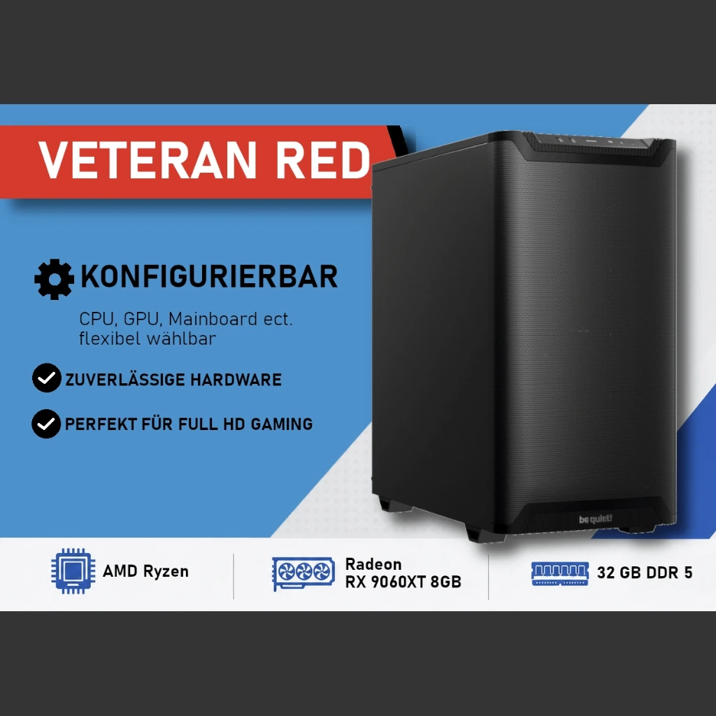 Veteran RED HD Gaming PC – Radeon RX 9060XT 8GB (AMD Ryzen 7 7700X)