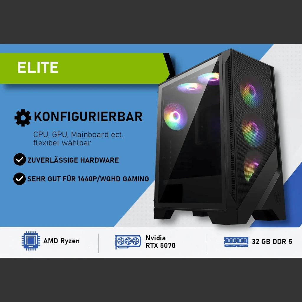 ELITE 1440p | WQHD Gaming PC – Nvidia RTX 5070 (AMD Ryzen 7 9700X)