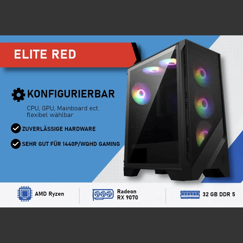ELITE Red 1440p | WQHD Gaming PC – Radeon RX 9070 (AMD Ryzen 7 9700X)
