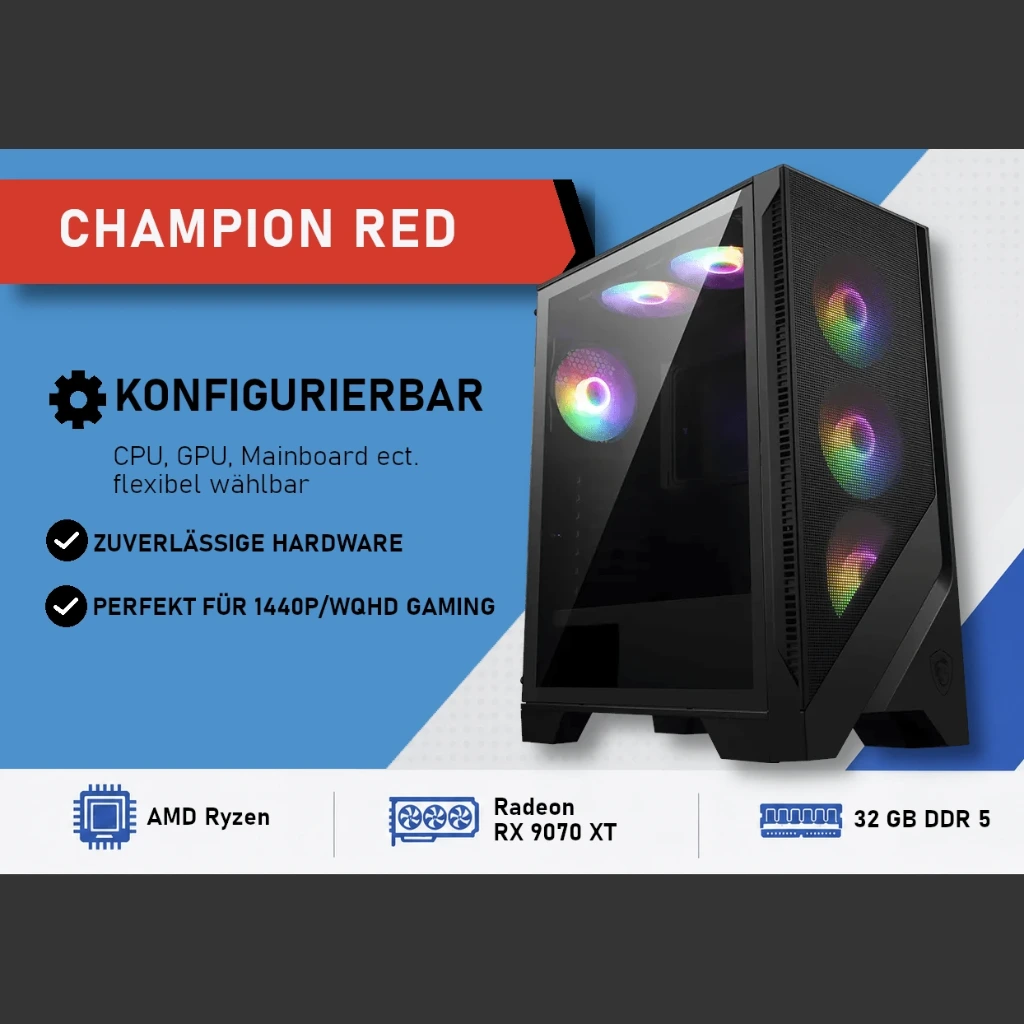 Champion Red 1440p | WQHD Gaming PC – Radeon RX 9070XT
